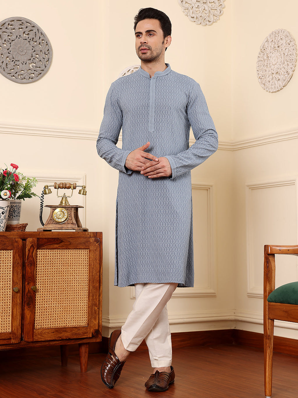 MULTI SHADES Men's Rayon Silk Straight Classic Grey Chikankari Kurta,Off White Solid Trouser Style Churidar | Grocsy