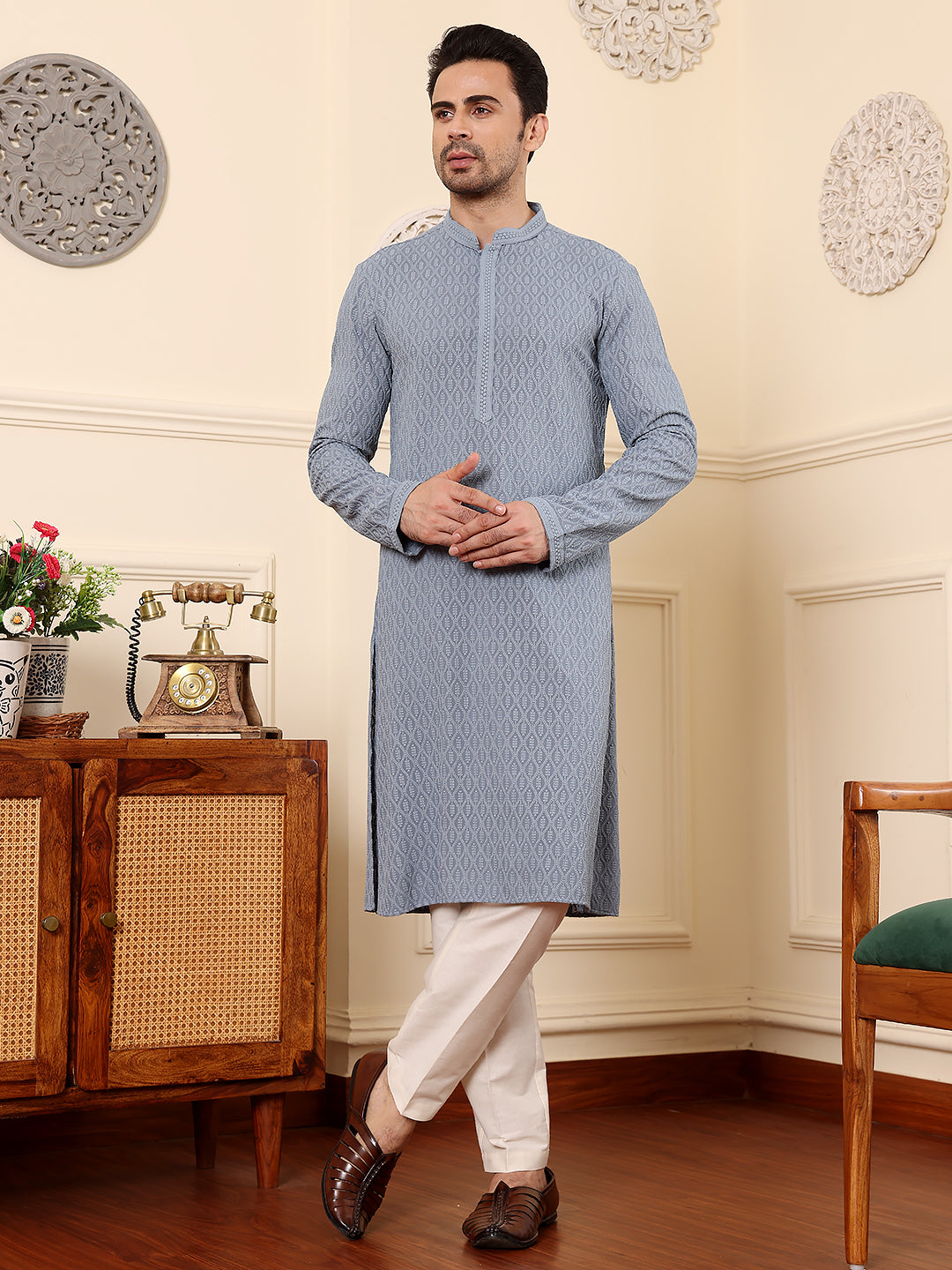 MULTI SHADES Men's Rayon Silk Straight Classic Grey Chikankari Kurta,Off White Solid Trouser Style Churidar | Grocsy