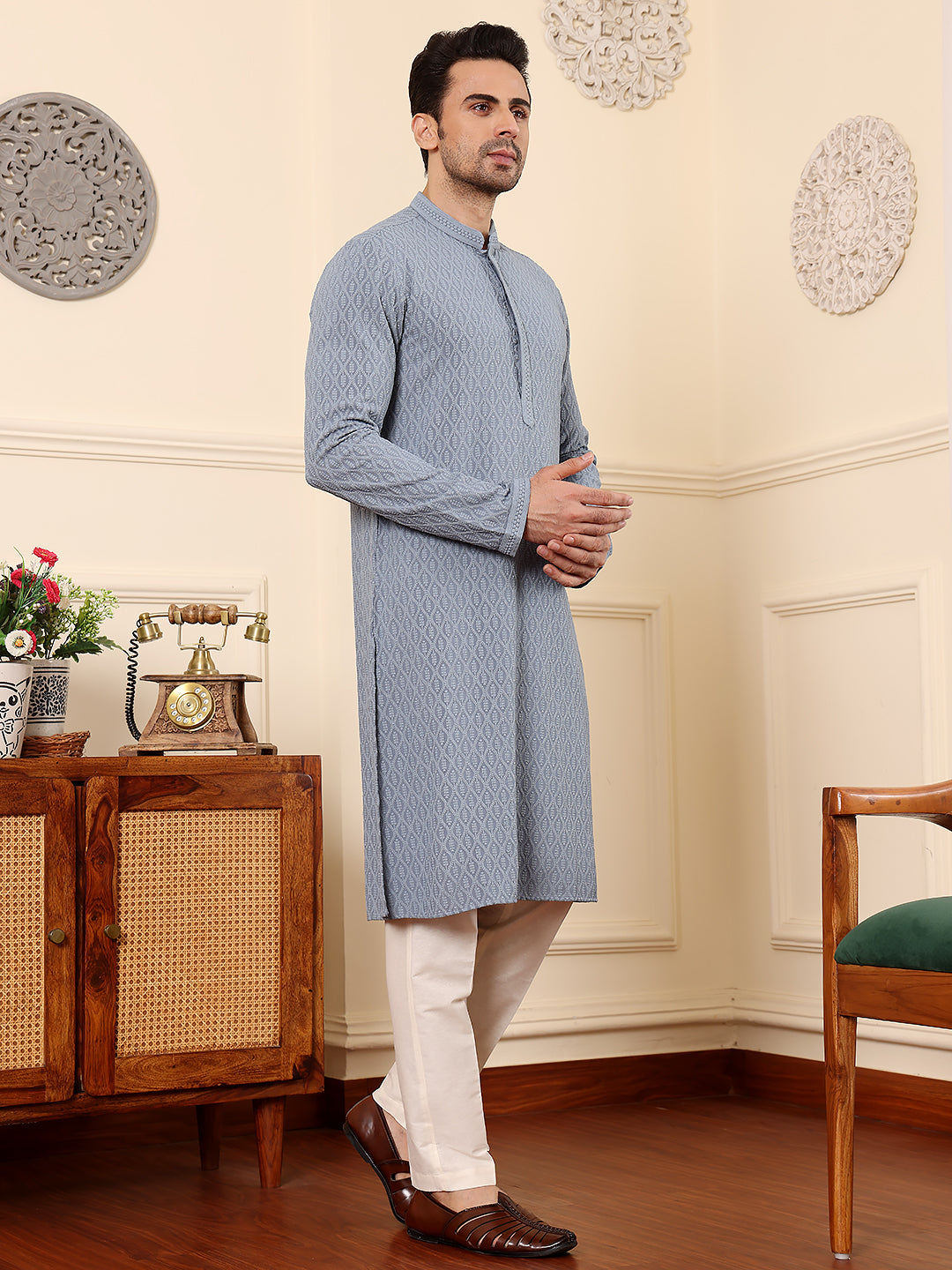 MULTI SHADES Men's Rayon Silk Straight Classic Grey Chikankari Kurta,Off White Solid Trouser Style Churidar | Grocsy