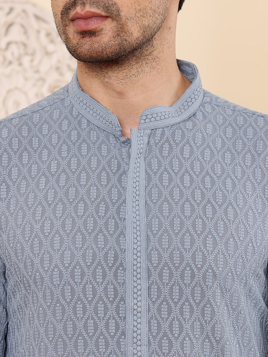 MULTI SHADES Men's Rayon Silk Straight Classic Grey Chikankari Kurta,Off White Solid Trouser Style Churidar | Grocsy