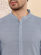 MULTI SHADES Men's Rayon Silk Straight Classic Grey Chikankari Kurta,Off White Solid Trouser Style Churidar | Grocsy
