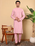 MULTI SHADES Men's Long Sleeve Pink Straight Viscose Silk Kurta With Slub Effect And Pick Solid Churidar | Grocsy