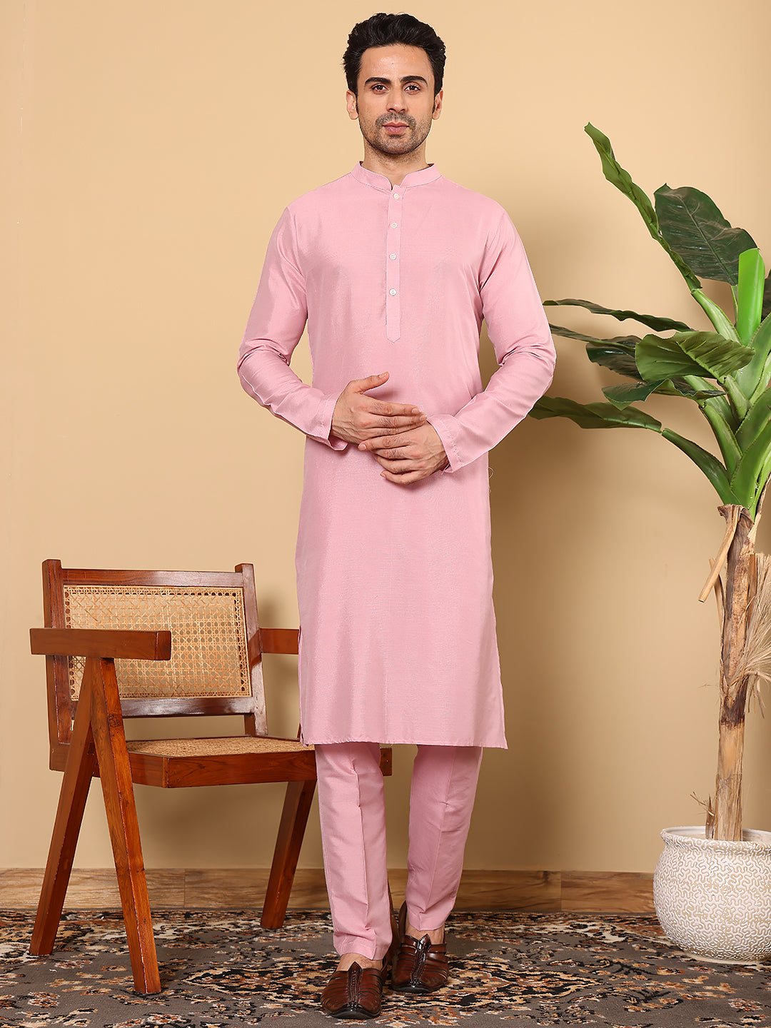 MULTI SHADES Men's Long Sleeve Pink Straight Viscose Silk Kurta With Slub Effect And Pick Solid Churidar | Grocsy