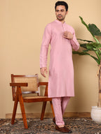MULTI SHADES Men's Long Sleeve Pink Straight Viscose Silk Kurta With Slub Effect And Pick Solid Churidar | Grocsy