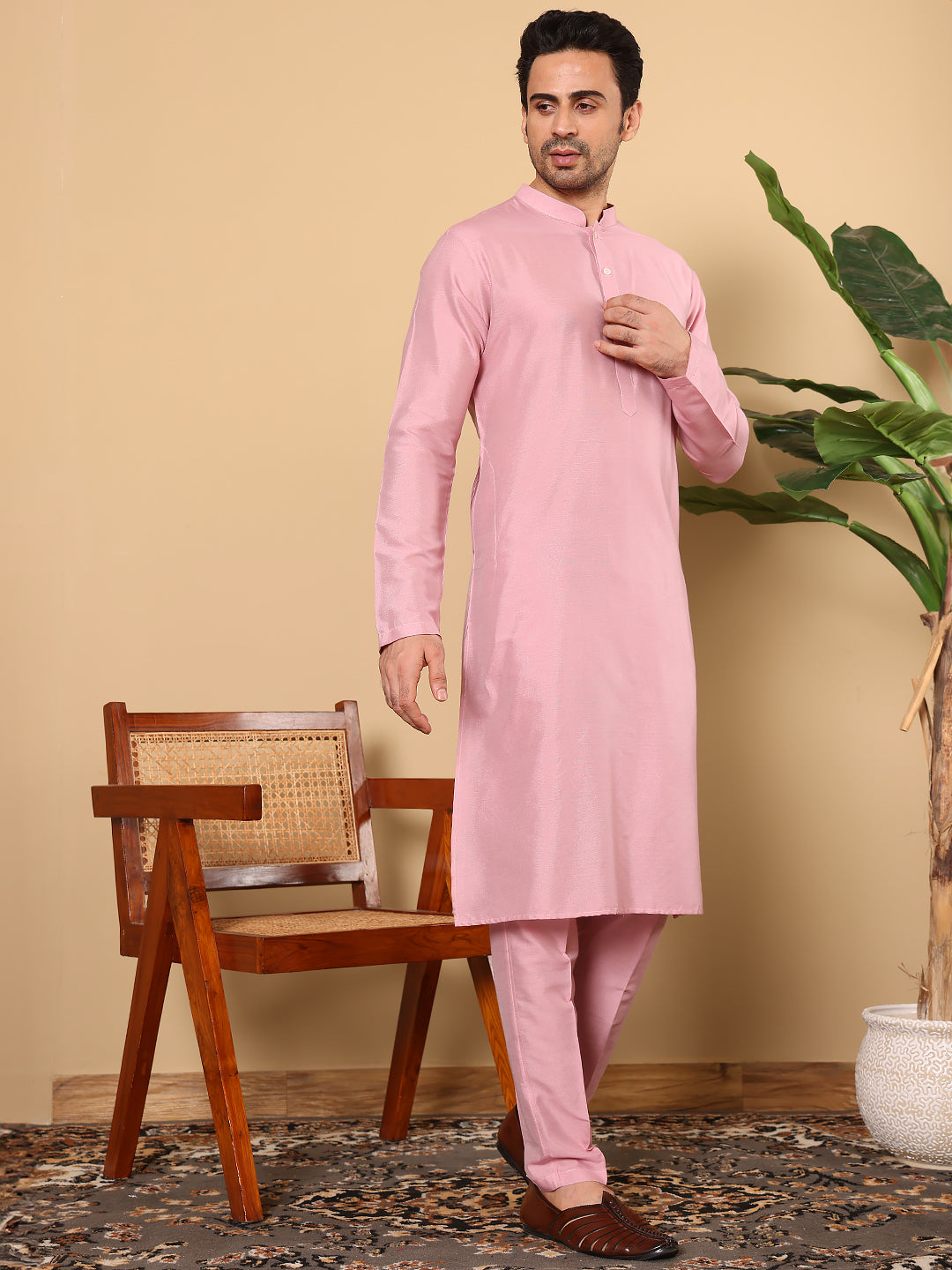 MULTI SHADES Men's Long Sleeve Pink Straight Viscose Silk Kurta With Slub Effect And Pick Solid Churidar | Grocsy