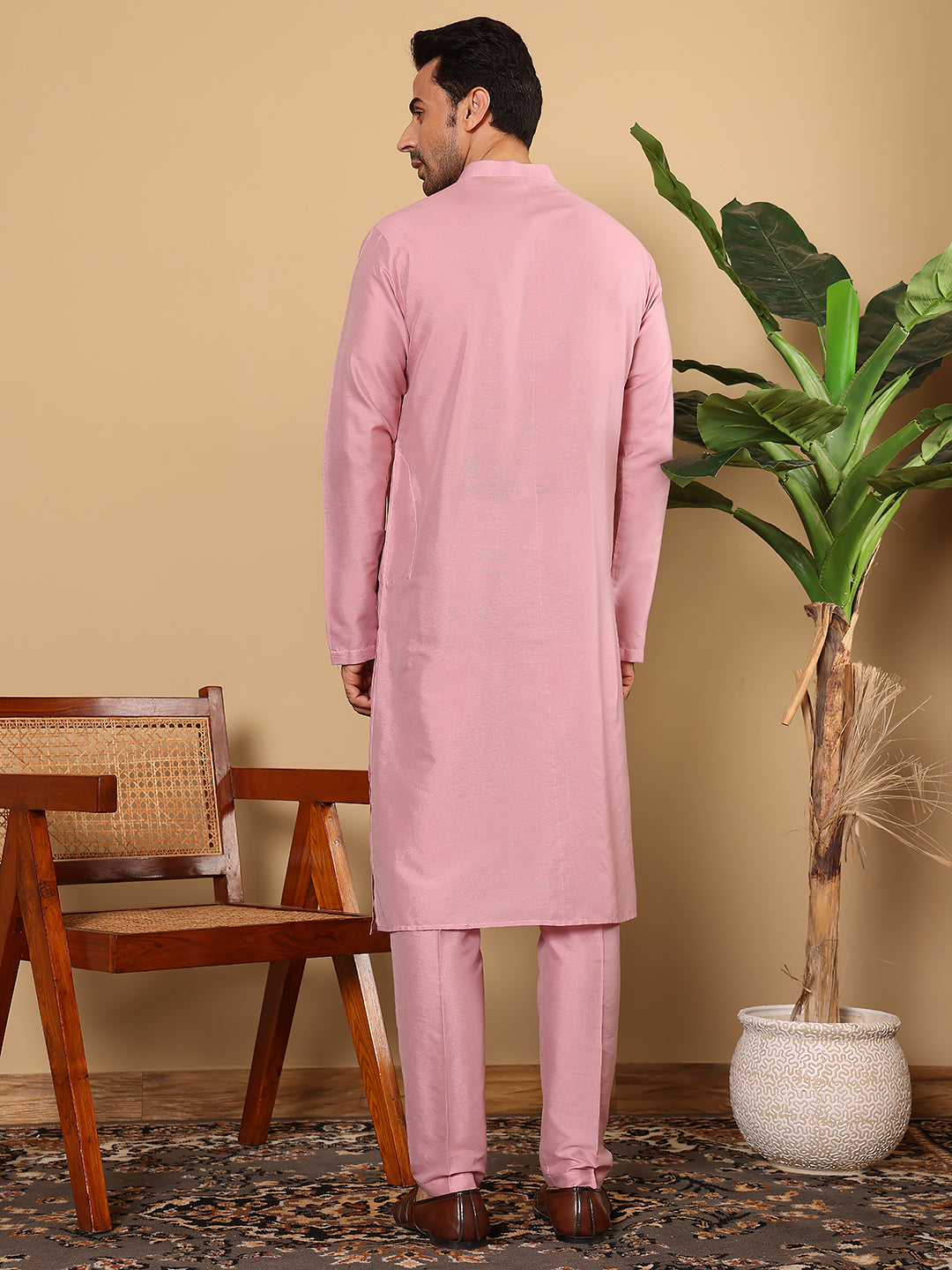 MULTI SHADES Men's Long Sleeve Pink Straight Viscose Silk Kurta With Slub Effect And Pick Solid Churidar | Grocsy