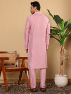 MULTI SHADES Men's Long Sleeve Mandarin Collar Pink Straight Viscose Silk Kurta With Slub Effect | Grocsy