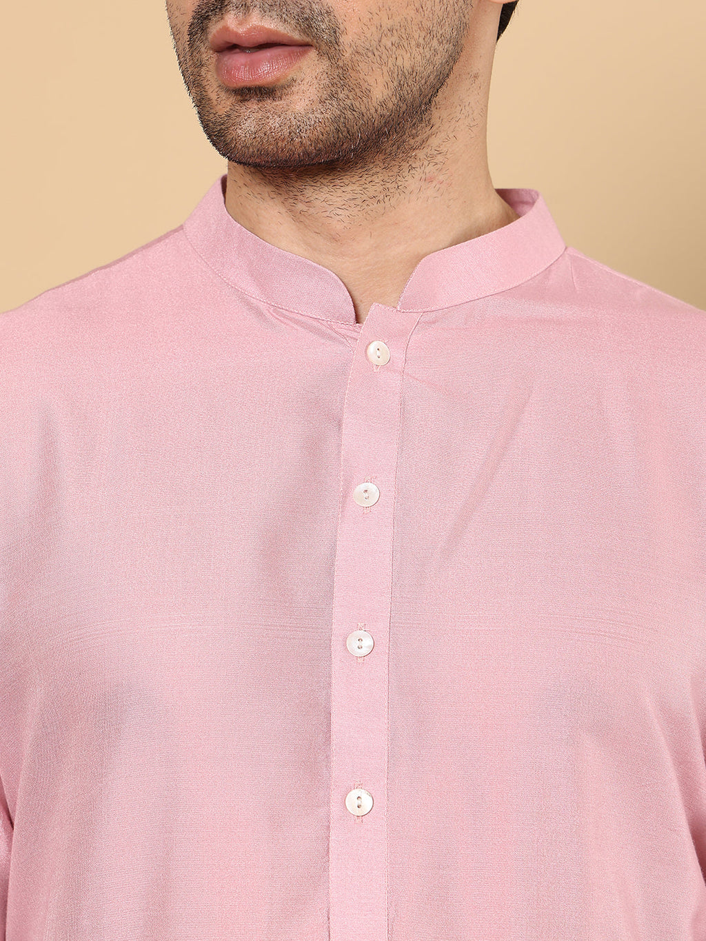 MULTI SHADES Men's Long Sleeve Mandarin Collar Pink Straight Viscose Silk Kurta With Slub Effect | Grocsy