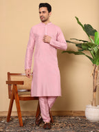 MULTI SHADES Men's Long Sleeve Pink Straight Viscose Silk Kurta With Slub Effect And Pick Solid Churidar | Grocsy