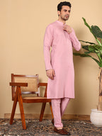 MULTI SHADES Men's Long Sleeve Mandarin Collar Pink Straight Viscose Silk Kurta With Slub Effect | Grocsy