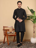 MULTI SHADES Men's Long Sleeve Elegant Black Straight Viscose Silk Kurta With Embroidery And Black Solid Churidar | Grocsy