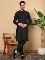 MULTI SHADES Men's Long Sleeve Elegant Black Straight Viscose Silk Kurta With Embroidery And Black Solid Churidar | Grocsy