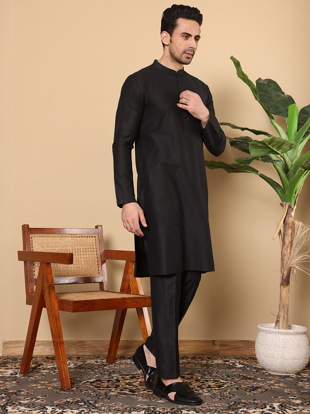 MULTI SHADES Men's Long Sleeve Elegant Black Straight Viscose Silk Kurta With Embroidery And Black Solid Churidar | Grocsy