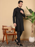 MULTI SHADES Men's Long Sleeve Mandarin Collar Black Straight Viscose Silk Kurta With Slub Effect | Grocsy