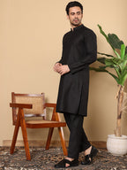 MULTI SHADES Men's Long Sleeve Elegant Black Straight Viscose Silk Kurta With Embroidery And Black Solid Churidar | Grocsy