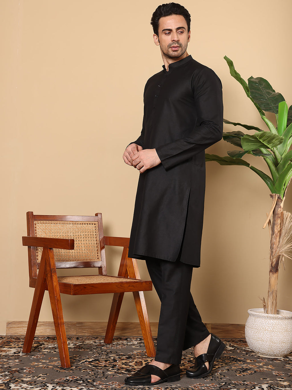 MULTI SHADES Men's Long Sleeve Mandarin Collar Black Straight Viscose Silk Kurta With Slub Effect | Grocsy