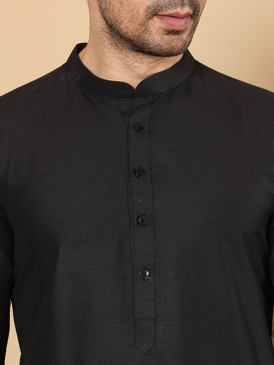 MULTI SHADES Men's Long Sleeve Mandarin Collar Black Straight Viscose Silk Kurta With Slub Effect | Grocsy