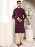 MULTI SHADES Men's Purple Straight Viscose Silk Kurta With Embroidered Neckline And Motifs,Off White Solid Trouser Style Churidar | Grocsy
