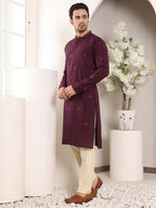 MULTI SHADES Men's Purple Straight Viscose Silk Kurta With Embroidered Neckline And Motifs,Off White Solid Trouser Style Churidar | Grocsy