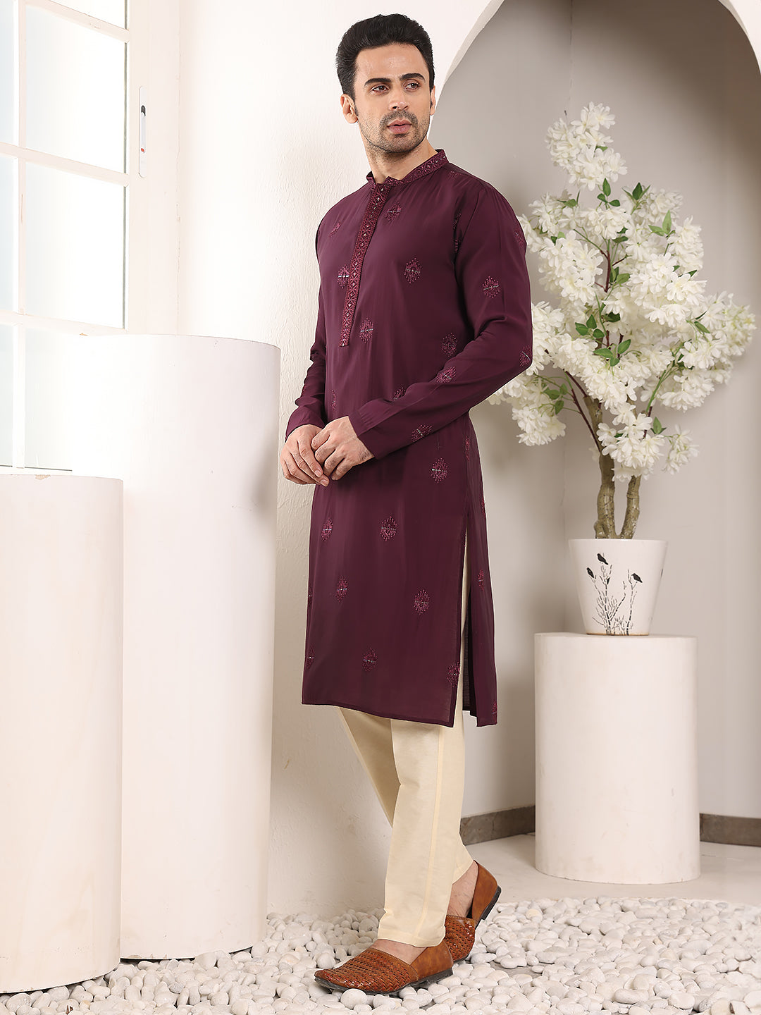 MULTI SHADES Men's Purple Straight Viscose Silk Kurta With Embroidered Neckline And Motifs,Off White Solid Trouser Style Churidar | Grocsy