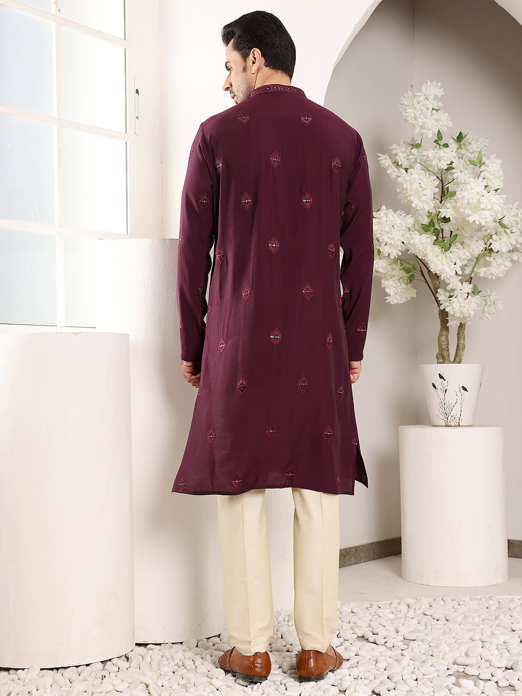 MULTI SHADES Men's Purple Straight Viscose Silk Kurta With Embroidered Neckline And Motifs,Off White Solid Trouser Style Churidar | Grocsy
