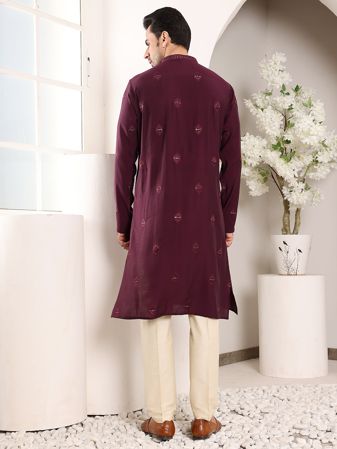 MULTI SHADES Men's Purple Straight Viscose Silk Kurta With Embroidered Neckline And Motifs,Off White Solid Trouser Style Churidar | Grocsy