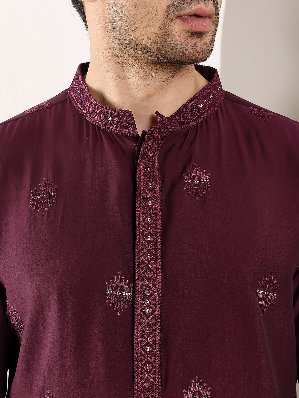 MULTI SHADES Men's Purple Straight Viscose Silk Kurta With Embroidered Neckline And Motifs,Off White Solid Trouser Style Churidar | Grocsy