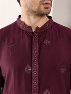 MULTI SHADES Men's Purple Straight Viscose Silk Kurta With Embroidered Neckline And Motifs,Off White Solid Trouser Style Churidar | Grocsy