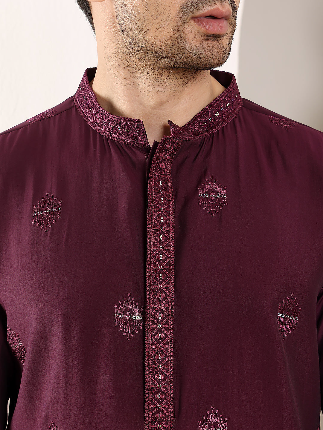 MULTI SHADES Men's Purple Straight Viscose Silk Kurta With Embroidered Neckline And Motifs,Off White Solid Trouser Style Churidar | Grocsy