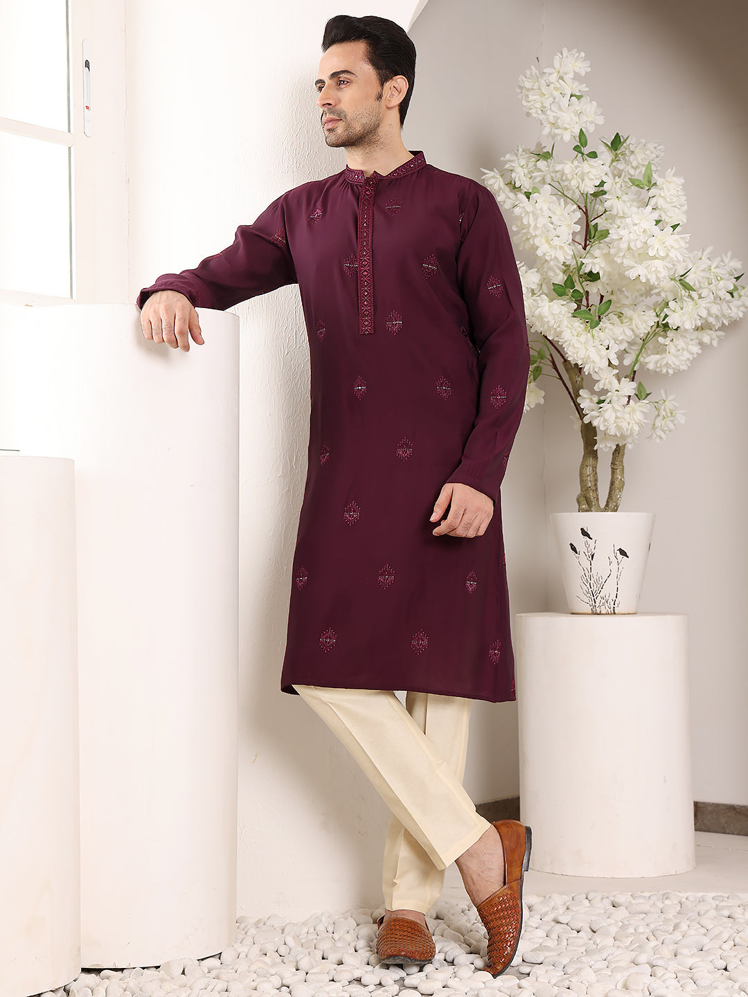 MULTI SHADES Men's Purple Straight Viscose Silk Kurta With Embroidered Neckline And Motifs,Off White Solid Trouser Style Churidar | Grocsy