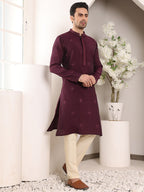 MULTI SHADES Men's Purple Straight Viscose Silk Kurta With Embroidered Neckline And Motifs,Off White Solid Trouser Style Churidar | Grocsy