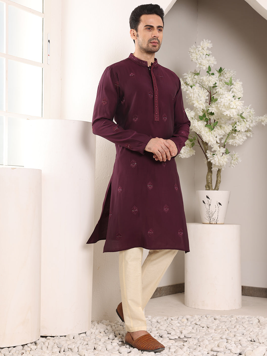 MULTI SHADES Men's Purple Straight Viscose Silk Kurta With Embroidered Neckline And Motifs,Off White Solid Trouser Style Churidar | Grocsy