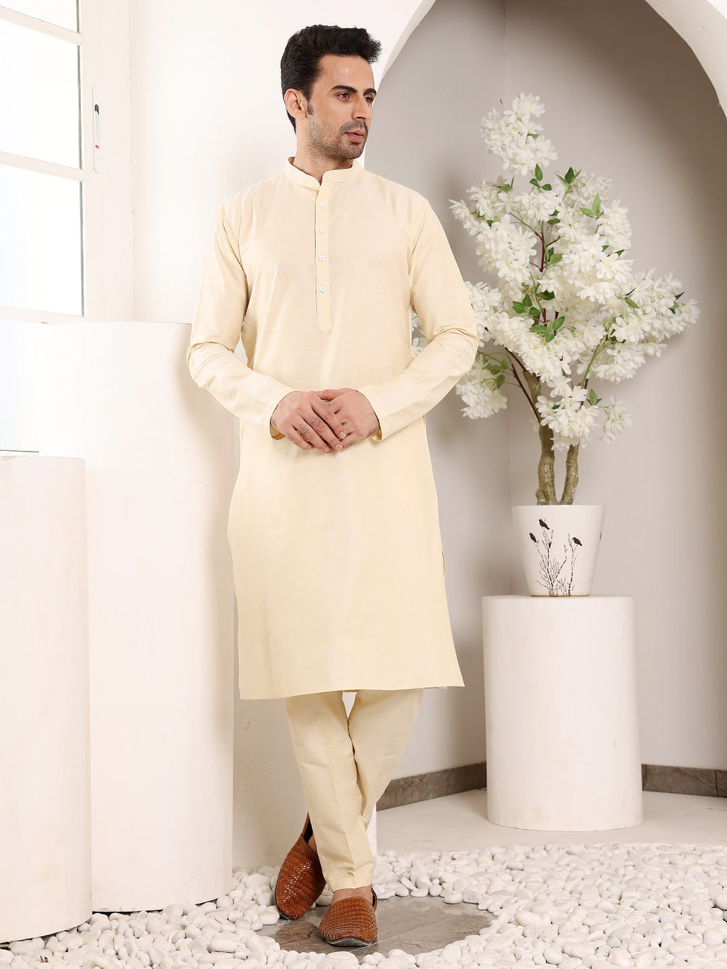 MULTI SHADES Men's Sea Cream Straight Viscose Silk Kurta With Slub Effect,Cream Solid Trouser Style Churidar | Grocsy