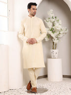 MULTI SHADES Men's Sea Cream Straight Viscose Silk Kurta With Slub Effect,Cream Solid Trouser Style Churidar | Grocsy