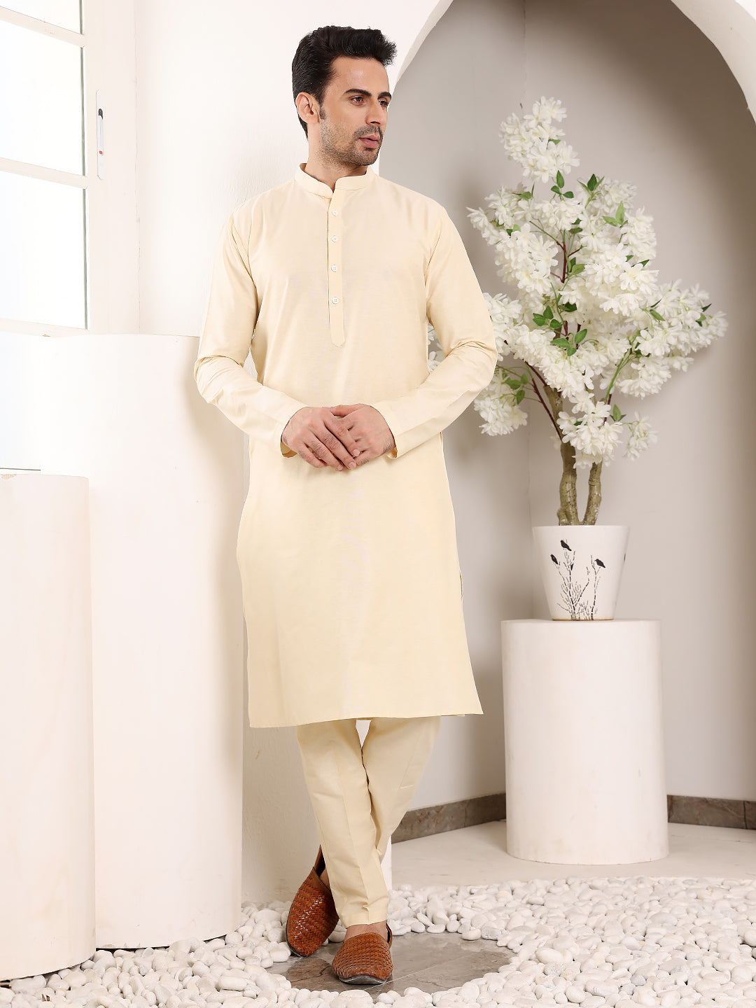 MULTI SHADES Men's Long Sleeve Mandarin Collar Sea Cream Straight Viscose Silk Kurta With Slub Effect | Grocsy