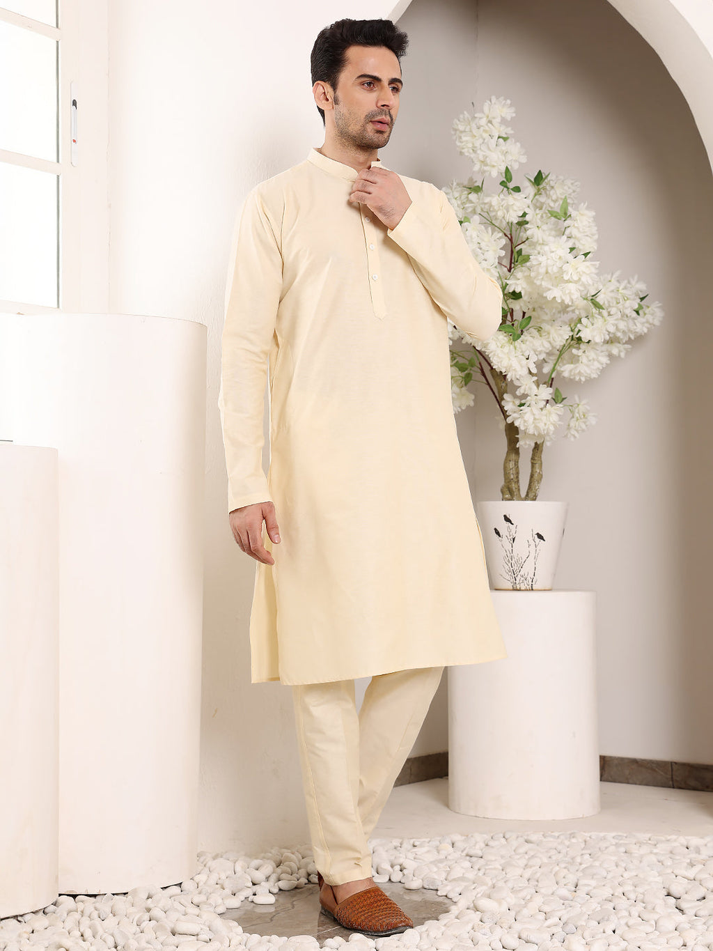 MULTI SHADES Men's Sea Cream Straight Viscose Silk Kurta With Slub Effect,Cream Solid Trouser Style Churidar | Grocsy