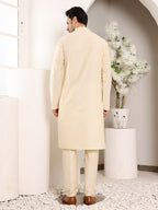 MULTI SHADES Men's Long Sleeve Mandarin Collar Sea Cream Straight Viscose Silk Kurta With Slub Effect | Grocsy