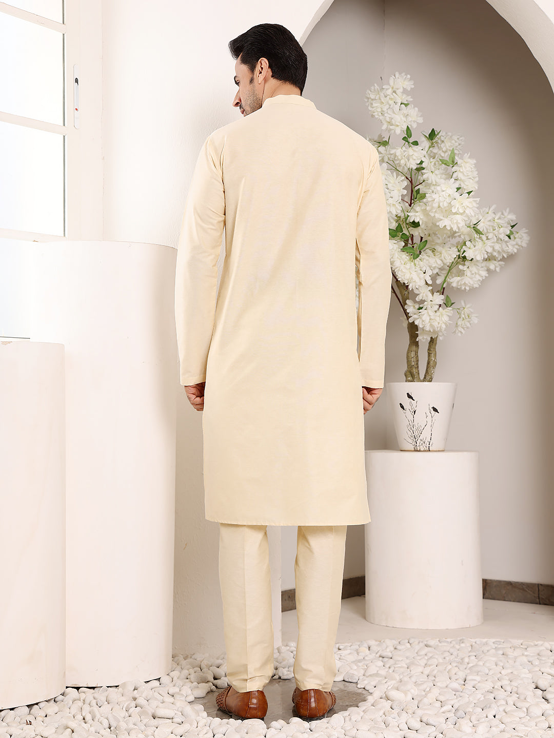 MULTI SHADES Men's Long Sleeve Mandarin Collar Sea Cream Straight Viscose Silk Kurta With Slub Effect | Grocsy
