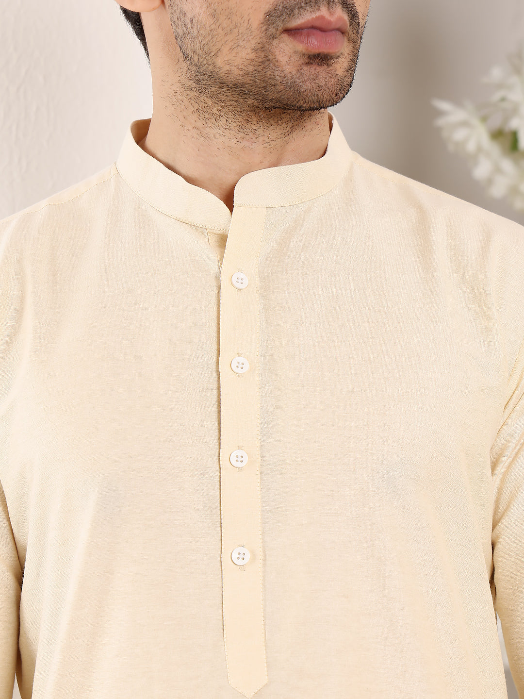 MULTI SHADES Men's Sea Cream Straight Viscose Silk Kurta With Slub Effect,Cream Solid Trouser Style Churidar | Grocsy