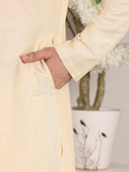 MULTI SHADES Men's Sea Cream Straight Viscose Silk Kurta With Slub Effect,Cream Solid Trouser Style Churidar | Grocsy
