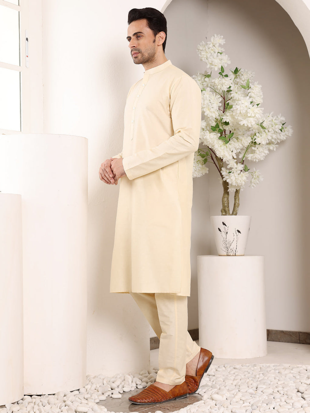 MULTI SHADES Men's Long Sleeve Mandarin Collar Sea Cream Straight Viscose Silk Kurta With Slub Effect | Grocsy
