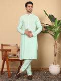 MULTI SHADES Men's Long Sleeve Mandarin Collar Sea Green Straight Viscose Silk Kurta With Slub Effect | Grocsy