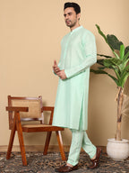 MULTI SHADES Men's Long Sleeve Mandarin Collar Sea Green Straight Viscose Silk Kurta With Slub Effect | Grocsy