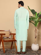 MULTI SHADES Men's Long Sleeve Mandarin Collar Sea Green Straight Viscose Silk Kurta With Slub Effect | Grocsy