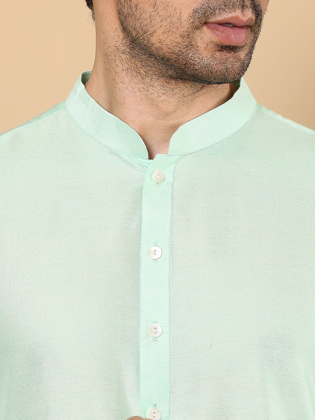 MULTI SHADES Men's Long Sleeve Mandarin Collar Sea Green Straight Viscose Silk Kurta With Slub Effect | Grocsy