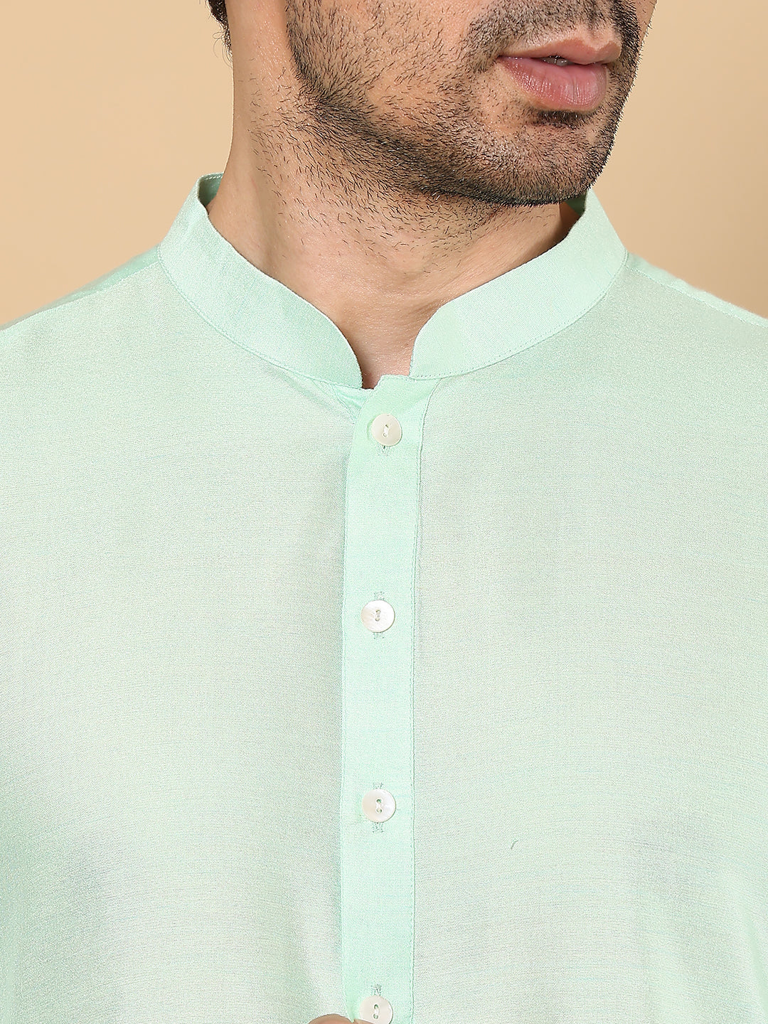 MULTI SHADES Men's Long Sleeve Mandarin Collar Sea Green Straight Viscose Silk Kurta With Slub Effect | Grocsy