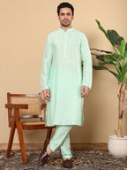 MULTI SHADES Men's Long Sleeve Mandarin Collar Sea Green Straight Viscose Silk Kurta With Slub Effect | Grocsy