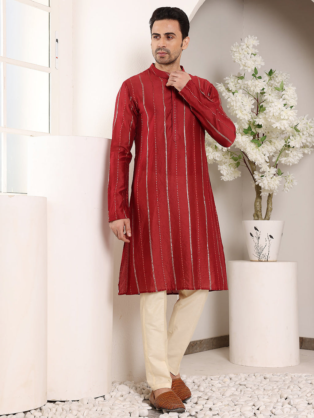 MULTI SHADES Men's Redstraight Viscose Silk Kurta With Embroidered Neckline And Motifs,Cream Solid Trouser Style Churidar | Grocsy