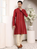 MULTI SHADES Men's Redstraight Viscose Silk Kurta With Embroidered Neckline And Motifs,Cream Solid Trouser Style Churidar | Grocsy
