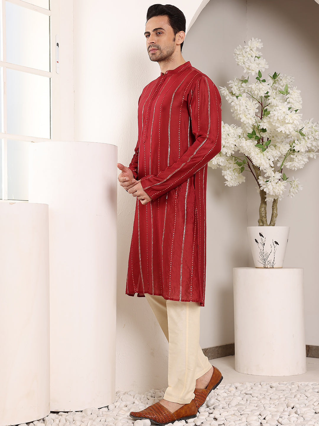 MULTI SHADES Men's Redstraight Viscose Silk Kurta With Embroidered Neckline And Motifs,Cream Solid Trouser Style Churidar | Grocsy